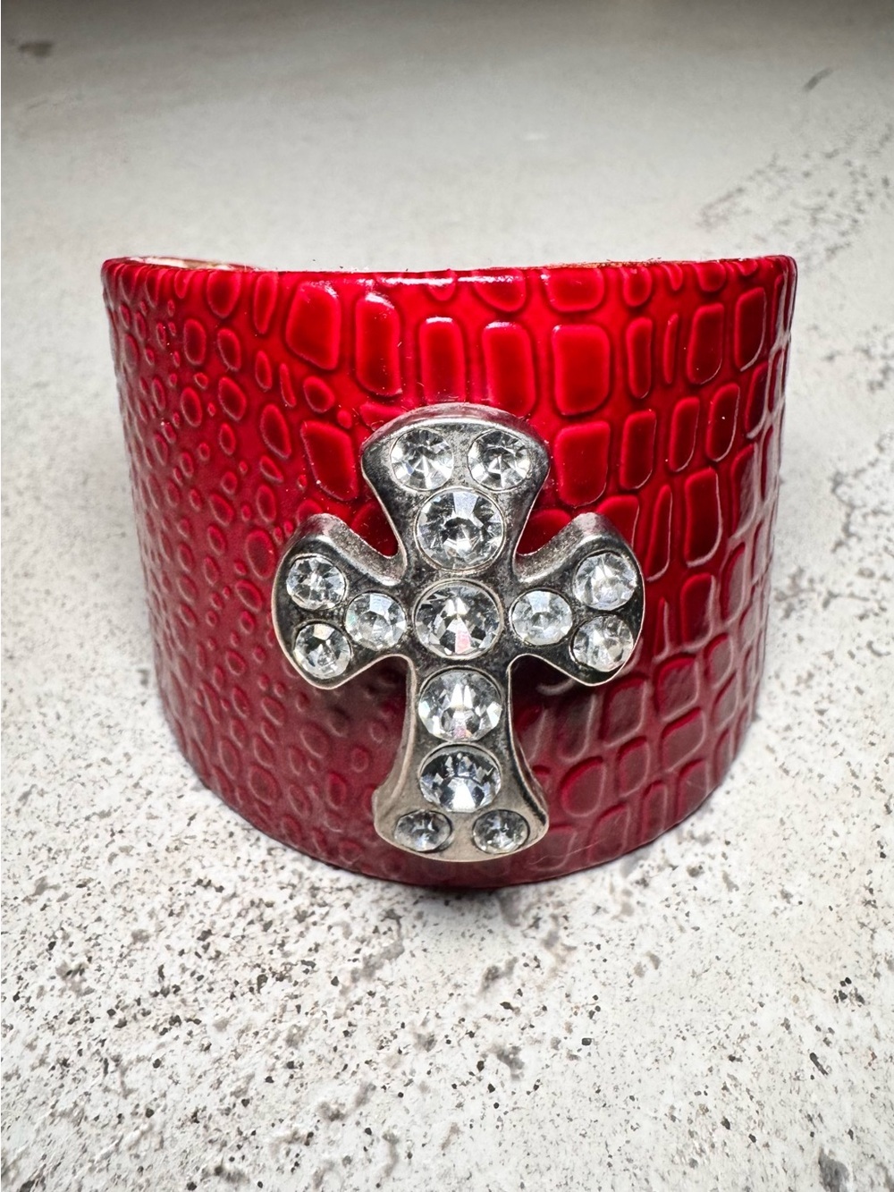 Vintage Red Croc Embossed Cross Cuff Bracelet